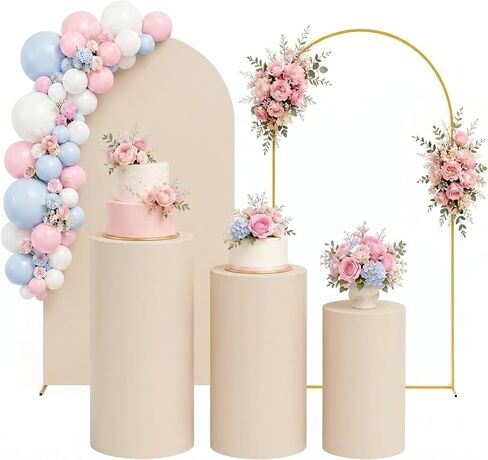 ArtSocket White Cylinder Pedestal Stand Covers Set of 3, 7.2FT Arch Backdrop Stand and White Arch Cover Set, Elastic Spandex Cloth Plinth Pillar Cover for Wedding Birthday Parties Event Decor Props in Saudi Arabia