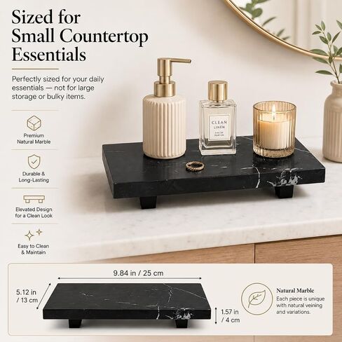 Natural Black Marble Soap Dispenser Tray, Small Stone Pedestal Tray for Bathroom Counter, Vanity Riser for Perfume, Jewelry, Candles and Dresser Decor, 9.84 x 5.12 in in Saudi Arabia