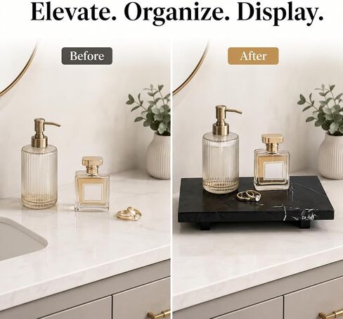 Natural Black Marble Soap Dispenser Tray, Small Stone Pedestal Tray for Bathroom Counter, Vanity Riser for Perfume, Jewelry, Candles and Dresser Decor, 9.84 x 5.12 in in Saudi Arabia
