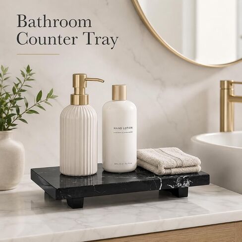 Natural Black Marble Soap Dispenser Tray, Small Stone Pedestal Tray for Bathroom Counter, Vanity Riser for Perfume, Jewelry, Candles and Dresser Decor, 9.84 x 5.12 in in Saudi Arabia