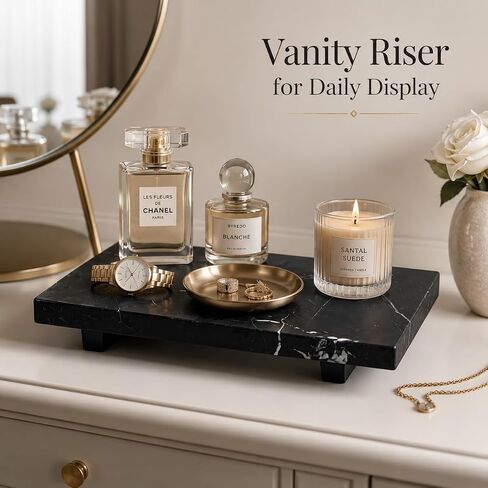 Natural Black Marble Soap Dispenser Tray, Small Stone Pedestal Tray for Bathroom Counter, Vanity Riser for Perfume, Jewelry, Candles and Dresser Decor, 9.84 x 5.12 in in Saudi Arabia