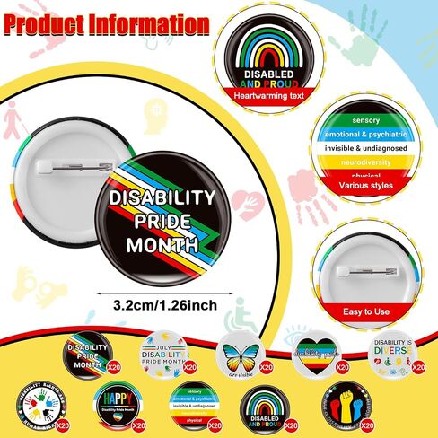 200Pcs Disability Pride Month Pins Buttons 1.26" Round Lapel Badges Equality Human Rights Disabled Support Awareness Pins for Teens Adults July Disability Party Favors Charity Event Supplies Gift in Kuwait