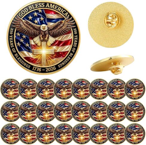 24 Pack 1776-2026 250th Anniversary God Bless America Pin Bulk 4th of July Patriotic Eagle Pins Gold Plated American Flag Badge for Independence Day Gifts in Saudi Arabia