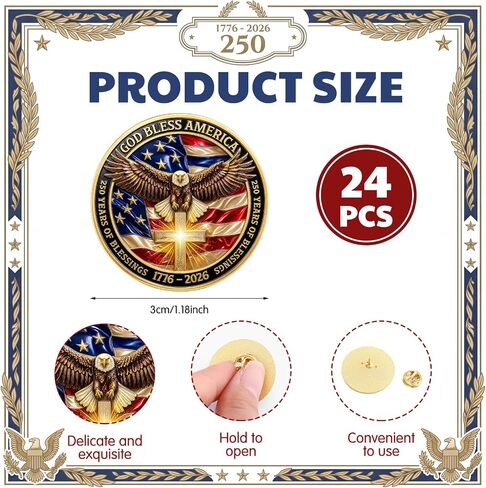 24 Pack 1776-2026 250th Anniversary God Bless America Pin Bulk 4th of July Patriotic Eagle Pins Gold Plated American Flag Badge for Independence Day Gifts in Saudi Arabia