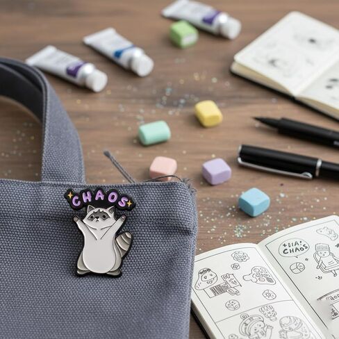 Cute Cartoon Raccoon Pin - Funny Enamel Pins Brooch with "CHAOS" for Backpacks, Jackets, Hats. Humor Animal Brooches Gift for Friends, Teens, Adults，Women. in Kuwait