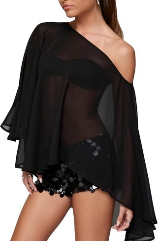 Women's Sheer Chiffon Poncho Off Shoulder Top Flowy Asymmetric Hem See Through Cape Blouse in Saudi Arabia