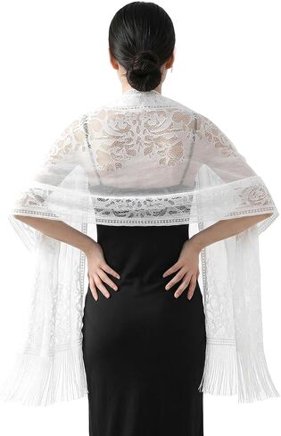 Women's Floral Lace Scarf Shawl with Tassels for Evening Party Wedding - White in Kuwait