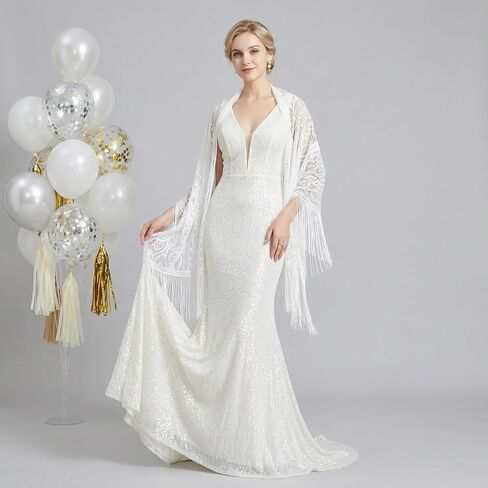 Women's Floral Lace Scarf Shawl with Tassels for Evening Party Wedding - White in Kuwait