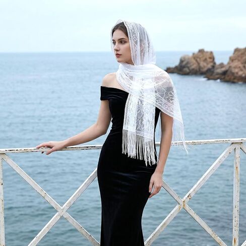 Women's Floral Lace Scarf Shawl with Tassels for Evening Party Wedding - White in Kuwait
