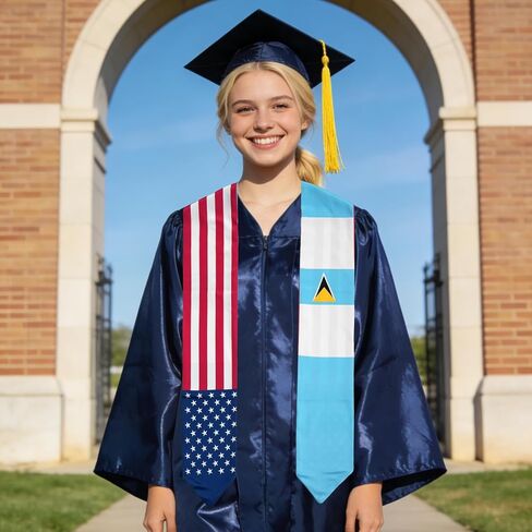USA And Saint Lucia Flag Graduation Stole,Satin Embroidery Graduation Sash for International Students,72 Inch Length. in Saudi Arabia