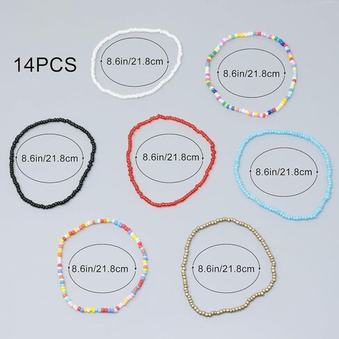 2 Sets Bohemian Style Handmade Beaded Anklet Colorful Glass Seed Beads Ankle Bracelets Elastic Foot and Hand Chain for Women in Kuwait