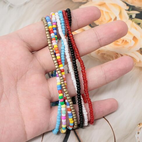 2 Sets Bohemian Style Handmade Beaded Anklet Colorful Glass Seed Beads Ankle Bracelets Elastic Foot and Hand Chain for Women in Kuwait