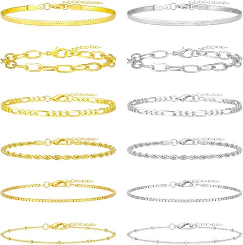 12Pcs Ankle Bracelets for Women Layered Waterproof, Gold/Silver Cuban Link Chain Anklets Set, Adjustable Plus Size Summer Jewelry Gift in Kuwait