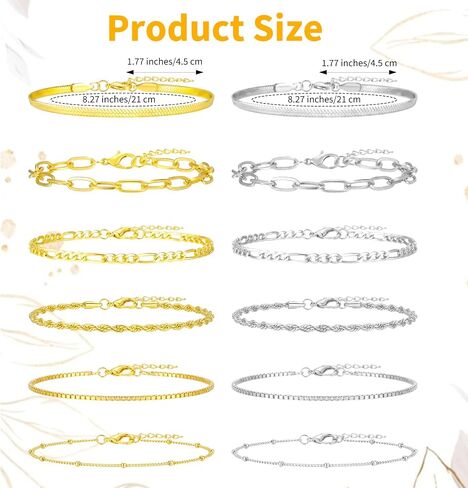 12Pcs Ankle Bracelets for Women Layered Waterproof, Gold/Silver Cuban Link Chain Anklets Set, Adjustable Plus Size Summer Jewelry Gift in Kuwait