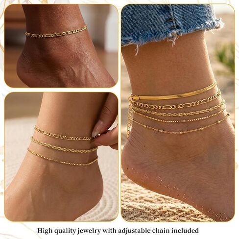 12Pcs Ankle Bracelets for Women Layered Waterproof, Gold/Silver Cuban Link Chain Anklets Set, Adjustable Plus Size Summer Jewelry Gift in Kuwait