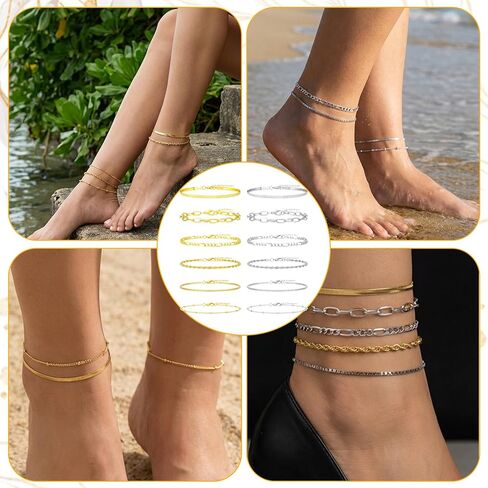12Pcs Ankle Bracelets for Women Layered Waterproof, Gold/Silver Cuban Link Chain Anklets Set, Adjustable Plus Size Summer Jewelry Gift in Kuwait