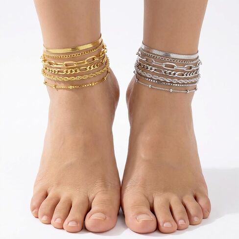 12Pcs Ankle Bracelets for Women Layered Waterproof, Gold/Silver Cuban Link Chain Anklets Set, Adjustable Plus Size Summer Jewelry Gift in Kuwait