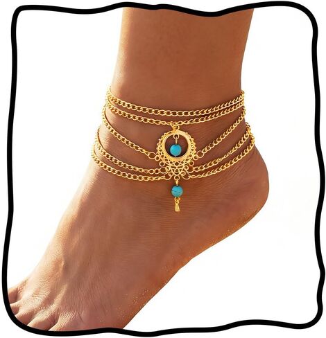 Nicute BohoTurquoise Anklet Gold Ankles Layered Foot Jewelry for Women | Gold Ankle Bracelets Bohemian Turquoise Anklet Foot Jewelry Summer Beach Anklets for Women in Kuwait