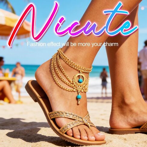 Nicute BohoTurquoise Anklet Gold Ankles Layered Foot Jewelry for Women | Gold Ankle Bracelets Bohemian Turquoise Anklet Foot Jewelry Summer Beach Anklets for Women in Kuwait