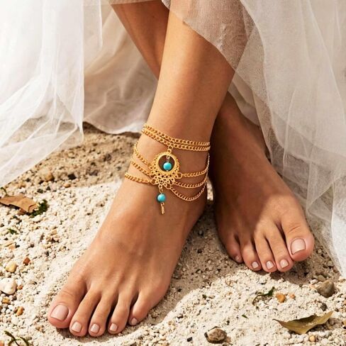 Nicute BohoTurquoise Anklet Gold Ankles Layered Foot Jewelry for Women | Gold Ankle Bracelets Bohemian Turquoise Anklet Foot Jewelry Summer Beach Anklets for Women in Kuwait