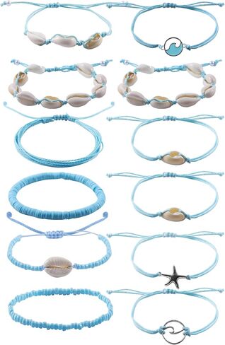 12Pcs Beach Surfer Wave Bracelets for women, Adjustable Handmade Waterproof Braided String Beaded Anklets Starfish Shell Ankle Bracelet for Women Boho Summer Blue Bracelet Set in Saudi Arabia