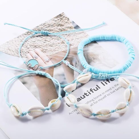 12Pcs Beach Surfer Wave Bracelets for women, Adjustable Handmade Waterproof Braided String Beaded Anklets Starfish Shell Ankle Bracelet for Women Boho Summer Blue Bracelet Set in Saudi Arabia