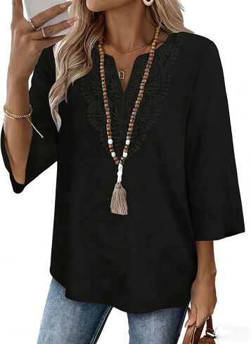 Sixstar Womens Summer Tops Boho 3/4 Length Sleeve V Neck Lace Loose Fit Work Blouses Dressy Casual T Shirt Vacation Outfits in Saudi Arabia