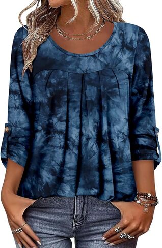 CRAZY GRID 3/4 Length Sleeve Women Tops Crewneck Pleated Cute Blouses Dressy Casual Summer T Shirts Loose Fit in Saudi Arabia