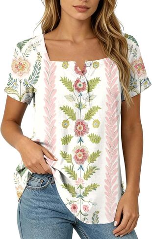 Summer Boho Tops for Women Short Sleeve Square Neck Tunic Shirts Floral Button Neck Blouses Loose Fit Resort Wear in Saudi Arabia