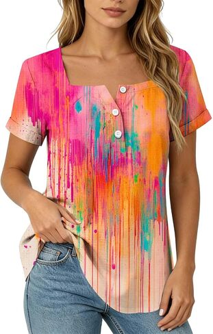 Summer Boho Tops for Women Short Sleeve Square Neck Tunic Shirts Floral Button Neck Blouses Loose Fit Resort Wear in Saudi Arabia
