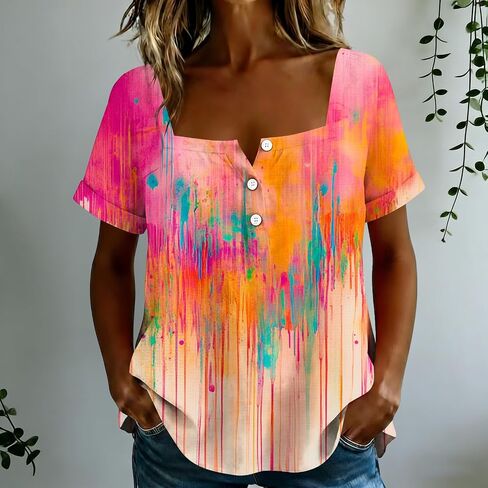Summer Boho Tops for Women Short Sleeve Square Neck Tunic Shirts Floral Button Neck Blouses Loose Fit Resort Wear in Saudi Arabia