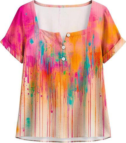 Summer Boho Tops for Women Short Sleeve Square Neck Tunic Shirts Floral Button Neck Blouses Loose Fit Resort Wear in Saudi Arabia