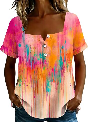 Summer Boho Tops for Women Short Sleeve Square Neck Tunic Shirts Floral Button Neck Blouses Loose Fit Resort Wear in Saudi Arabia
