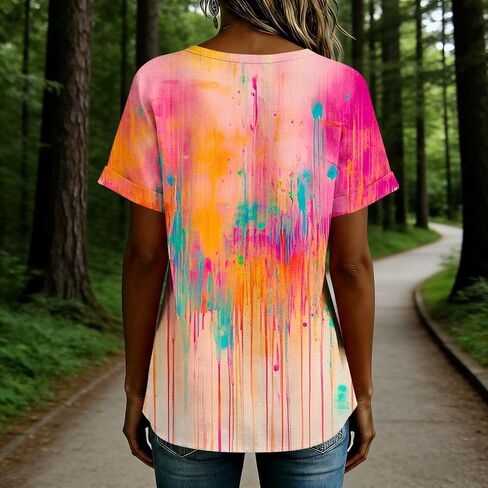 Summer Boho Tops for Women Short Sleeve Square Neck Tunic Shirts Floral Button Neck Blouses Loose Fit Resort Wear in Saudi Arabia