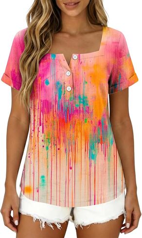 Summer Boho Tops for Women Short Sleeve Square Neck Tunic Shirts Floral Button Neck Blouses Loose Fit Resort Wear in Saudi Arabia