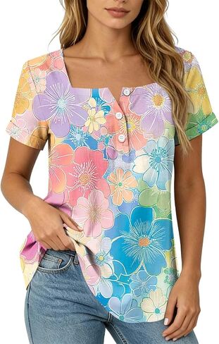 Summer Boho Tops for Women Short Sleeve Square Neck Tunic Shirts Floral Button Neck Blouses Loose Fit Resort Wear in Saudi Arabia