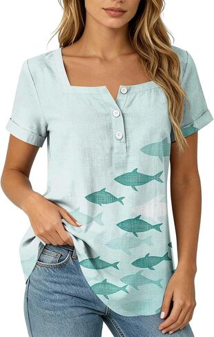 Summer Boho Tops for Women Short Sleeve Square Neck Tunic Shirts Floral Button Neck Blouses Loose Fit Resort Wear in Saudi Arabia