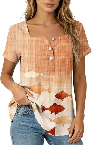 Summer Boho Tops for Women Short Sleeve Square Neck Tunic Shirts Floral Button Neck Blouses Loose Fit Resort Wear in Saudi Arabia