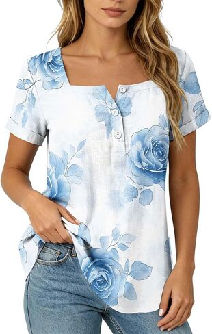 Summer Boho Tops for Women Short Sleeve Square Neck Tunic Shirts Floral Button Neck Blouses Loose Fit Resort Wear in Saudi Arabia