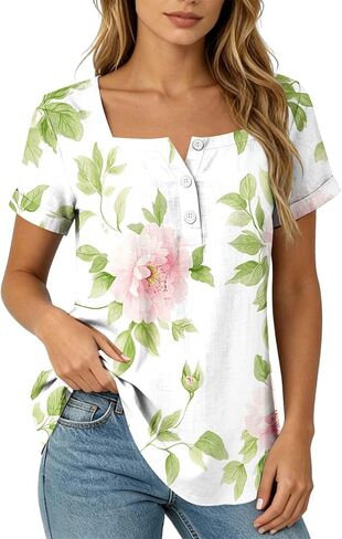 Summer Boho Tops for Women Short Sleeve Square Neck Tunic Shirts Floral Button Neck Blouses Loose Fit Resort Wear in Saudi Arabia