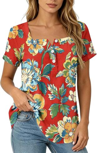 Summer Boho Tops for Women Short Sleeve Square Neck Tunic Shirts Floral Button Neck Blouses Loose Fit Resort Wear in Saudi Arabia