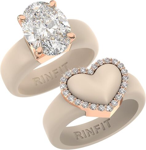 Rinfit Silicone Rings for Her - Rubber Wedding Bands Bundle - Oval Cut CZ Stone & Heart Gemstones Nude/RoseGold, Size 7 in Kuwait