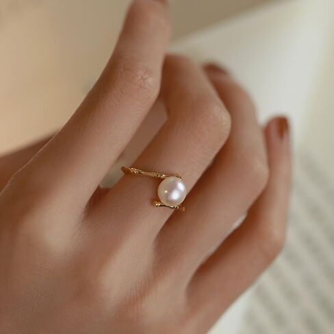 925 Sterling Silver Freshwater Cultured Pearl Ring Gold Pearl Promise Ring for Women tatement Expandable Adjustable Rings Pearl Ball Open Rings （Gold） in Saudi Arabia