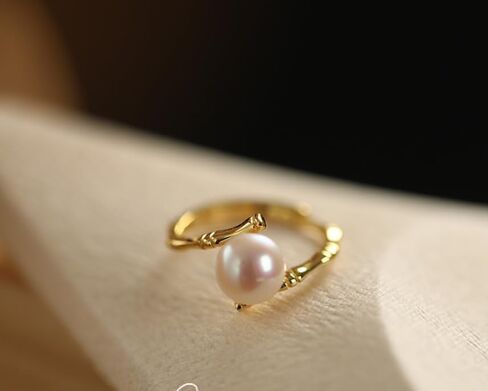 925 Sterling Silver Freshwater Cultured Pearl Ring Gold Pearl Promise Ring for Women tatement Expandable Adjustable Rings Pearl Ball Open Rings （Gold） in Saudi Arabia