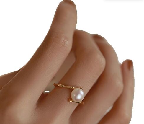 925 Sterling Silver Freshwater Cultured Pearl Ring Gold Pearl Promise Ring for Women tatement Expandable Adjustable Rings Pearl Ball Open Rings （Gold） in Saudi Arabia