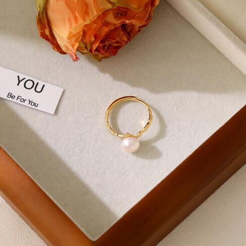 925 Sterling Silver Freshwater Cultured Pearl Ring Gold Pearl Promise Ring for Women tatement Expandable Adjustable Rings Pearl Ball Open Rings （Gold） in Saudi Arabia