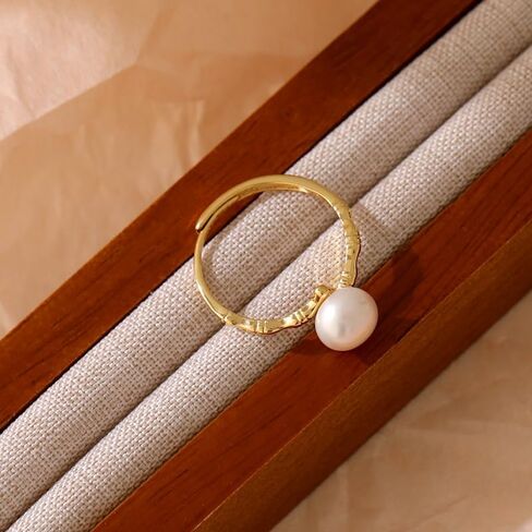 925 Sterling Silver Freshwater Cultured Pearl Ring Gold Pearl Promise Ring for Women tatement Expandable Adjustable Rings Pearl Ball Open Rings （Gold） in Saudi Arabia