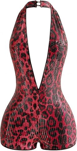 WDIRARA Women's Sequin Leopard Backless Halter Jumpsuits Party Sleeveless Deep V Neck Rompers in Saudi Arabia