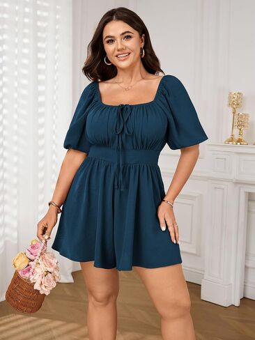 SCOMCHIC Women Plus Size Rompers Summer Casual Polka Dot Puff Sleeve High Waist Loose Shorts Jumpsuit Cute Playsuit in Saudi Arabia
