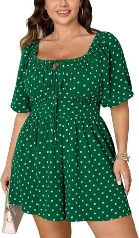 SCOMCHIC Women Plus Size Rompers Summer Casual Polka Dot Puff Sleeve High Waist Loose Shorts Jumpsuit Cute Playsuit in Saudi Arabia